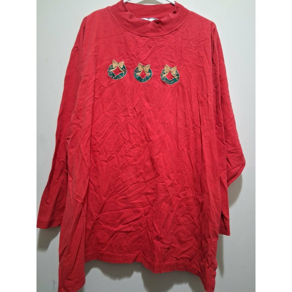 Richard Simmons Red Christmas Wreath Embroidered Tunic Top 4X‎ Long Sleeve READ